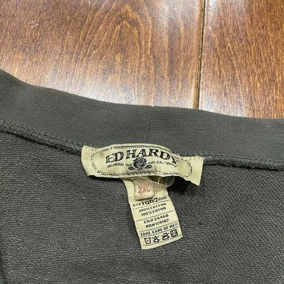 Ed Hardy Crouching Panther Studded Army Green Cardigan Sweater Men's 2XL - Picture 11 of 11